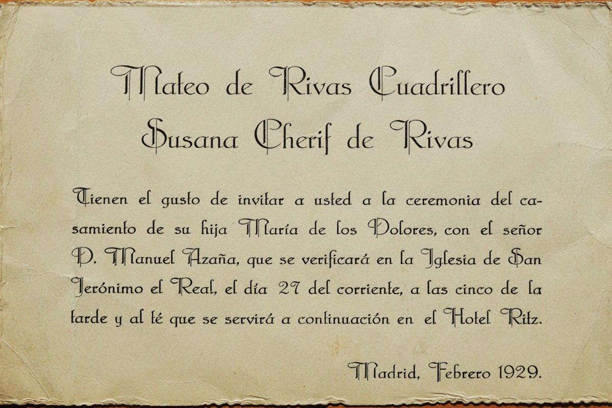 Invitación de boda. Invitación a la boda de Manuel Azaña con Dolores de Rivas Cherif, celebrada el 27 de febrero de 1929 en la Iglesia de lo...